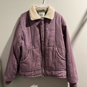 Urban Outfitters Quilted Purple Denim Bomber Jacket with Cream Sherpa Collar